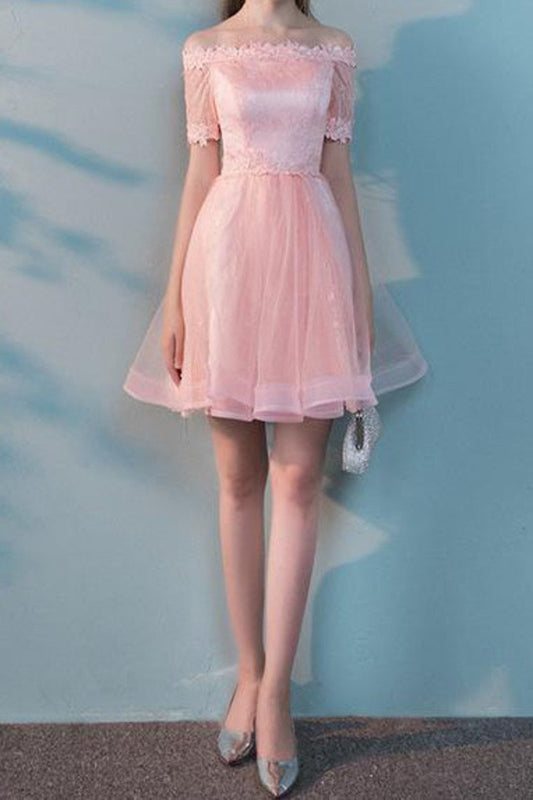 2024 A Line Boat Neck Tulle With Applique Homecoming Dresses Short Sleeves