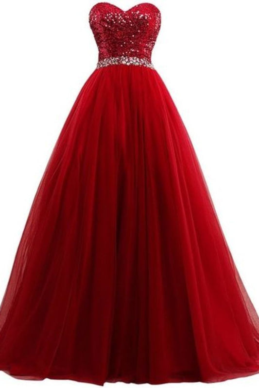 Sweetheart Sequined Bodice Prom Dresses A Line Tulle