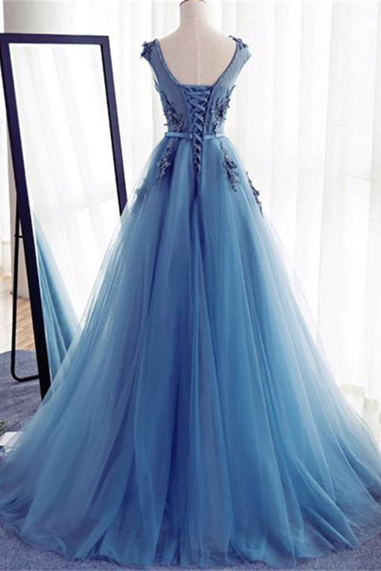 Charming Blue Long Lace Tulle Open Back Lace Up Princess Prom Dresses