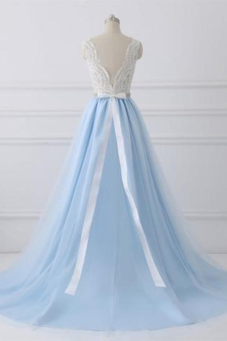 Classy Ivory And Sky Blue Long Lace Tulle Princess Prom Dresses