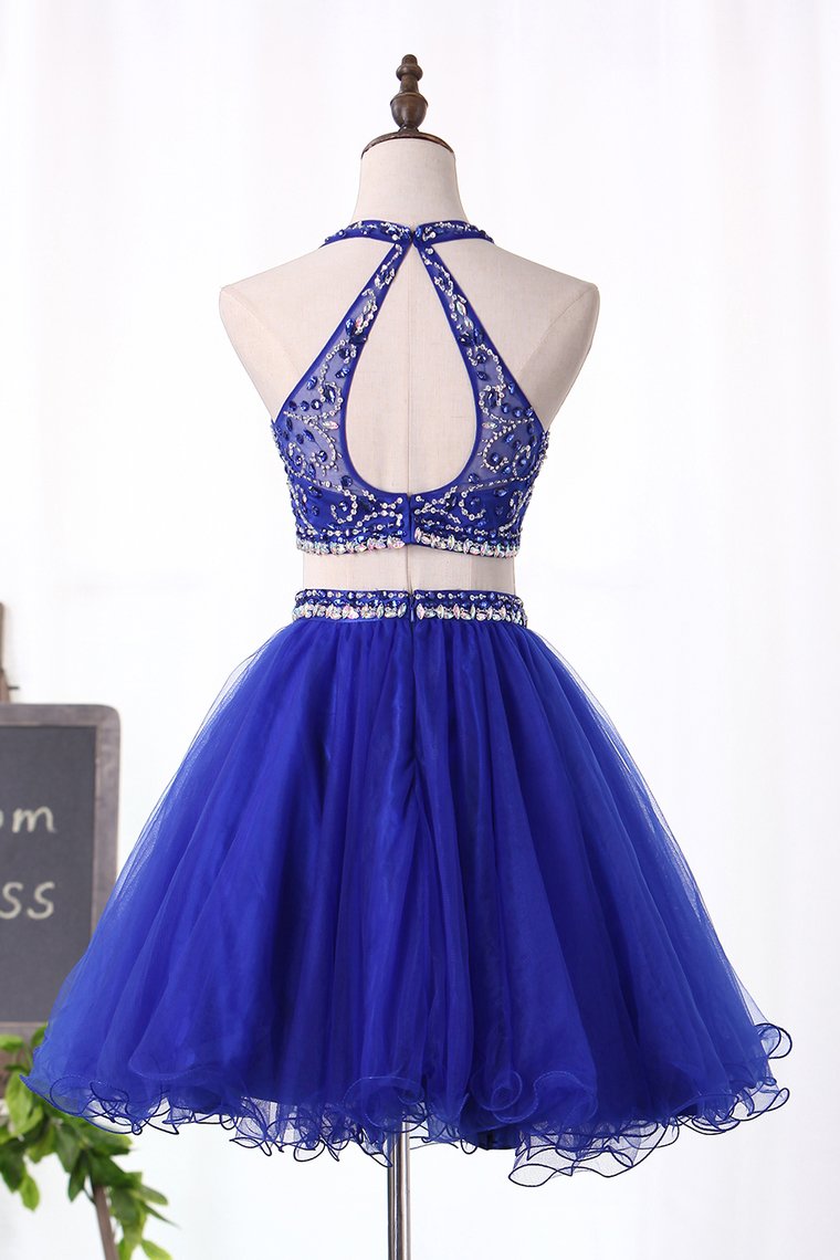 Halter Homecoming Dresses Two-Piece Beaded Bodice Tulle Short