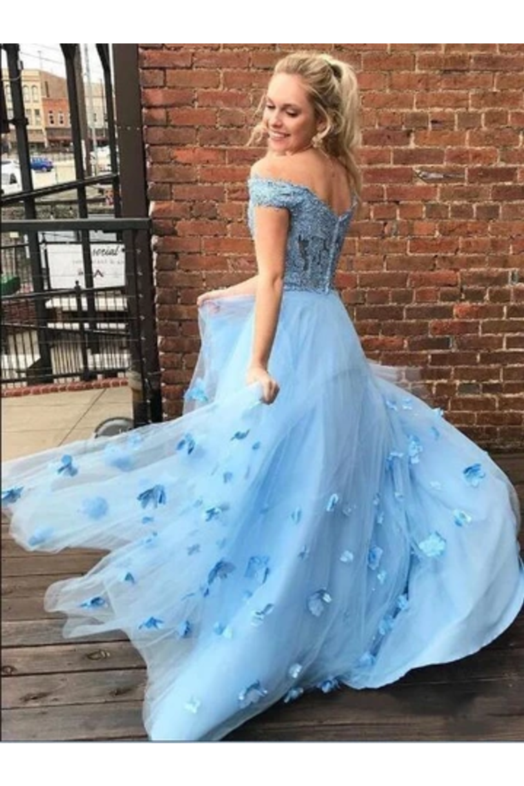 Two Piece Floor Length Tulle Prom Dress With Lace, Long Off The Shoulder Dress With Flower