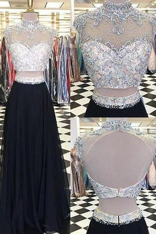 Glamorous Two Piece High Neck Cap Sleeves Long Black Prom Dress with Beading Open Back WK781