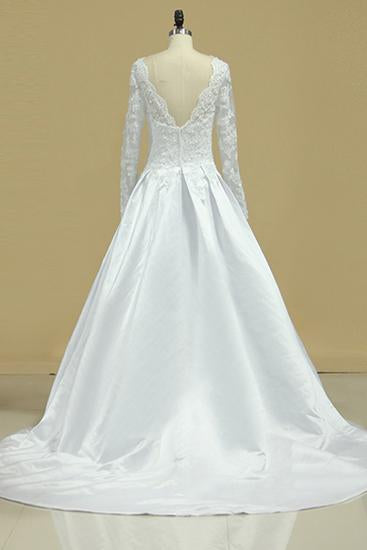 A Line Long Sleeves White Lace Appliques Satin Beads Open Back Wedding Dresses WK815