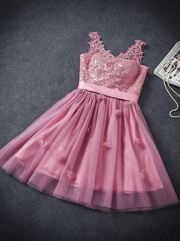 A Line Tulle Lace Appliques Lace up V Neck Pink Short Prom Dresses Homecoming Dresses WK906