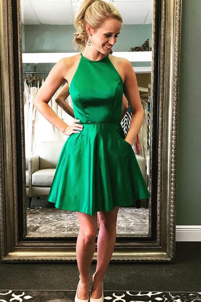 Cute A Line Halter Satin Green Open Back Short Homecoming Dresses with Beads WK951