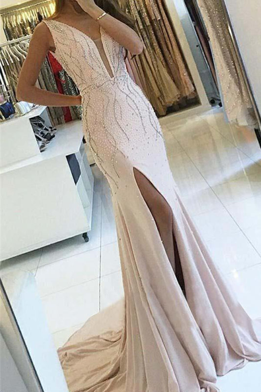 Sheath V Neck Pearl Pink Backless Beads Slit Satin Mermaid Sleeveless Prom Dresses WK22