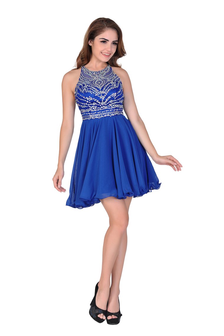 A Line/Princess Halter Homecoming Dresses Tulle & Chiffon Beaded Bodice