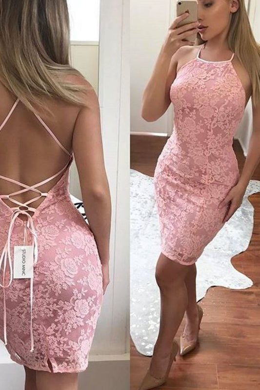 Hot Sheath Halter Open Back Lace Short/Mini Cocktail Dresses Zipper Up