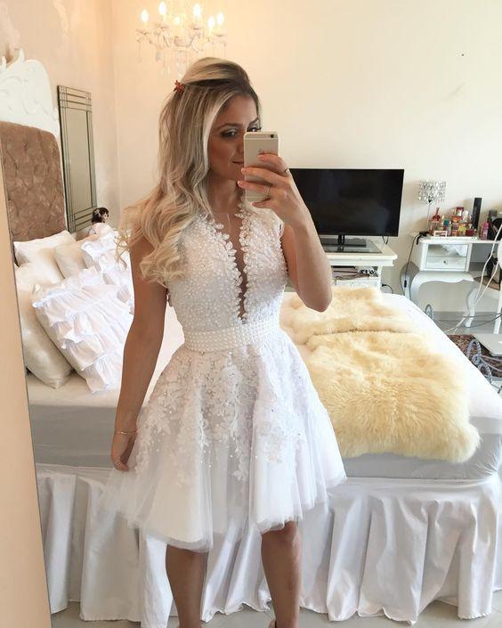 A-line Hot-selling Deep V-Neck White Lace Short Homecoming Dresses WK468