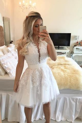 A-line Hot-selling Deep V-Neck White Lace Short Homecoming Dresses WK468