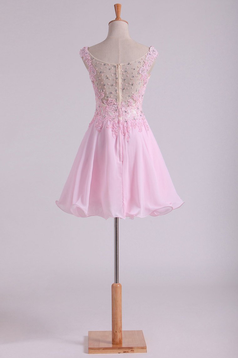 Bateau A Line Short/Mini Prom Dress Chiffon With Applique & Beads