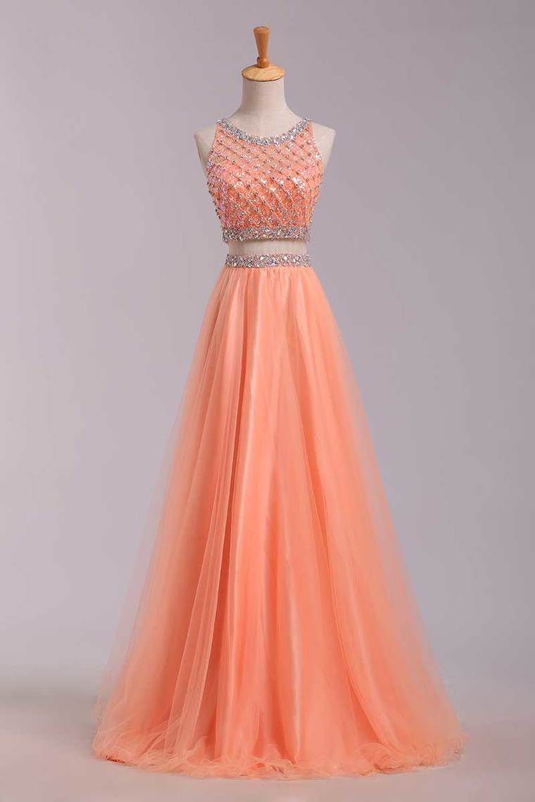 Two Pieces Bateau Beaded Bodice A Line/Princess Prom Dress Pick Up Tulle Skirt Floor Length