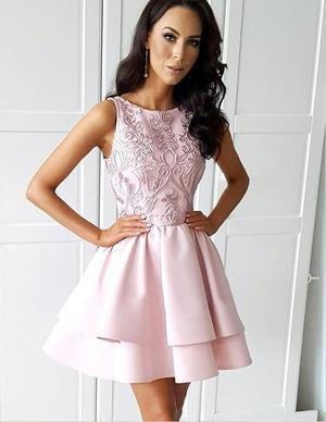 Pretty Bateau Short Blush Pink Scoop Satin Lace Appliques Homecoming Dresses WK16