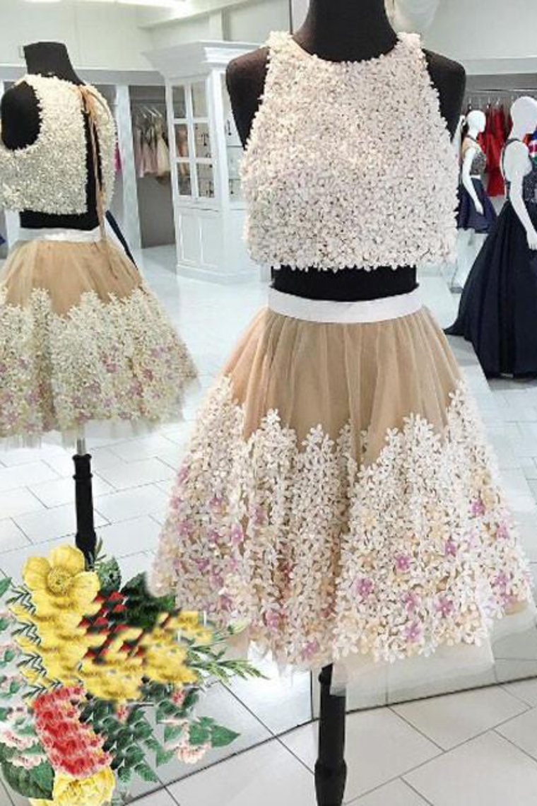 Two-Piece Scoop Homecoming Dresses A Line Tulle With Handmade Flowers