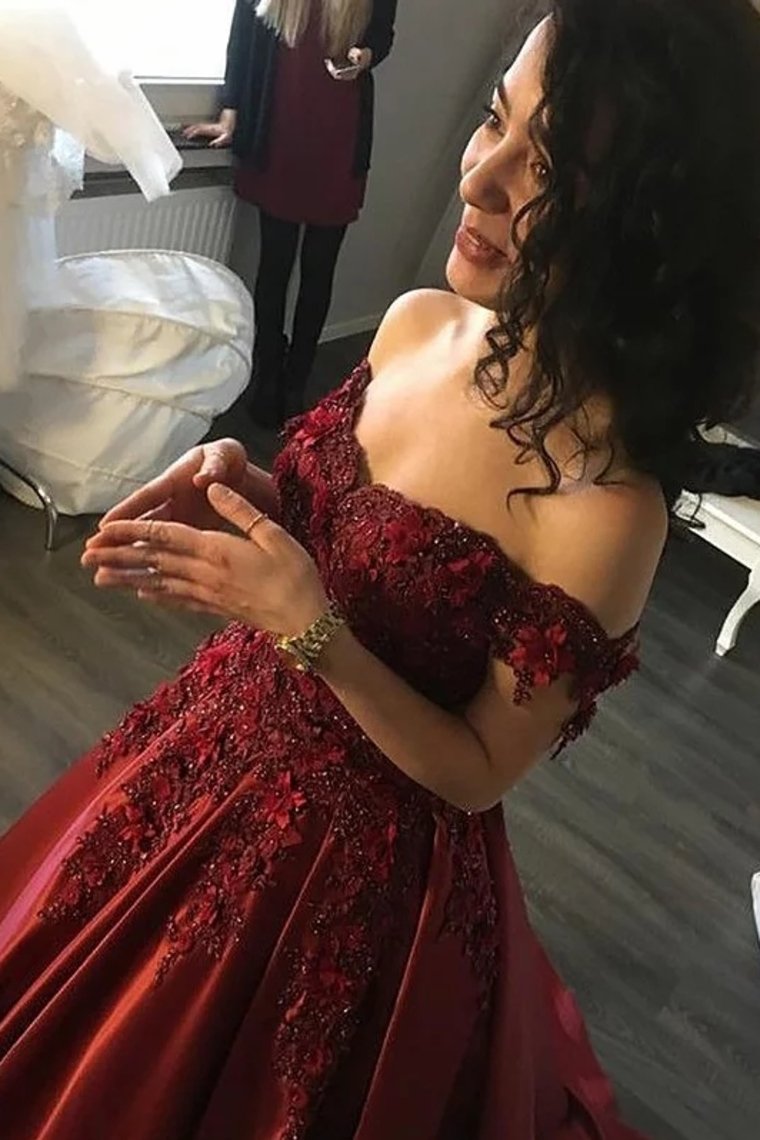 Burgundy Prom Dress Satin Ball Gown Off-The-Shoulder With Applique