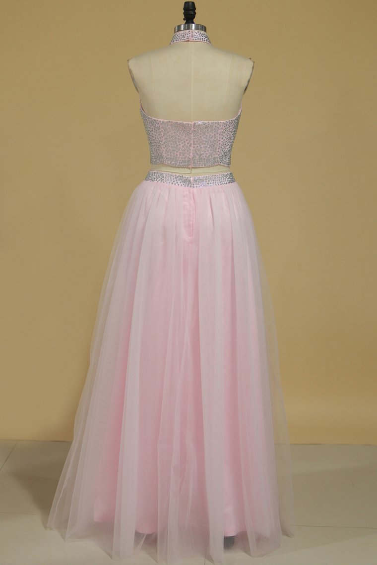 Two-Piece High Neck Beaded Bodice Tulle A Line Prom Dresses