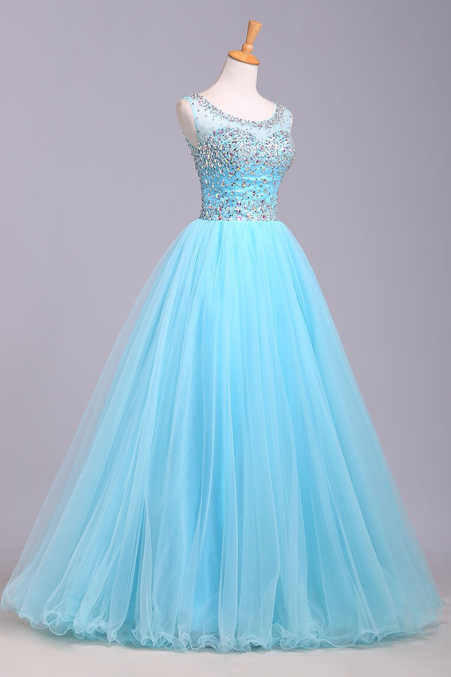 Ball Gown Blue Scoop Sequins Organza Long Prom Dresses Elegant Party Dresses WK165