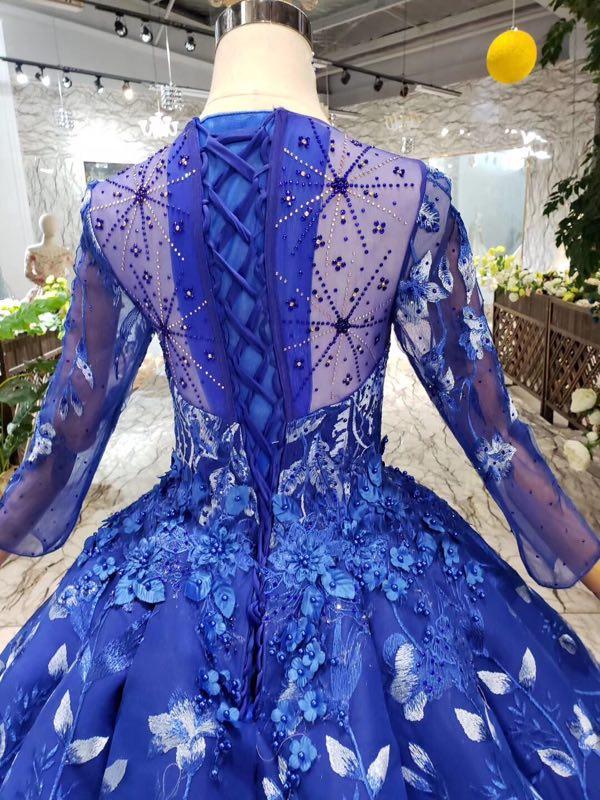 Ball Gown Blue Round Neck Prom Dresses with Beads Lace up Quinceanera Dresses WK784