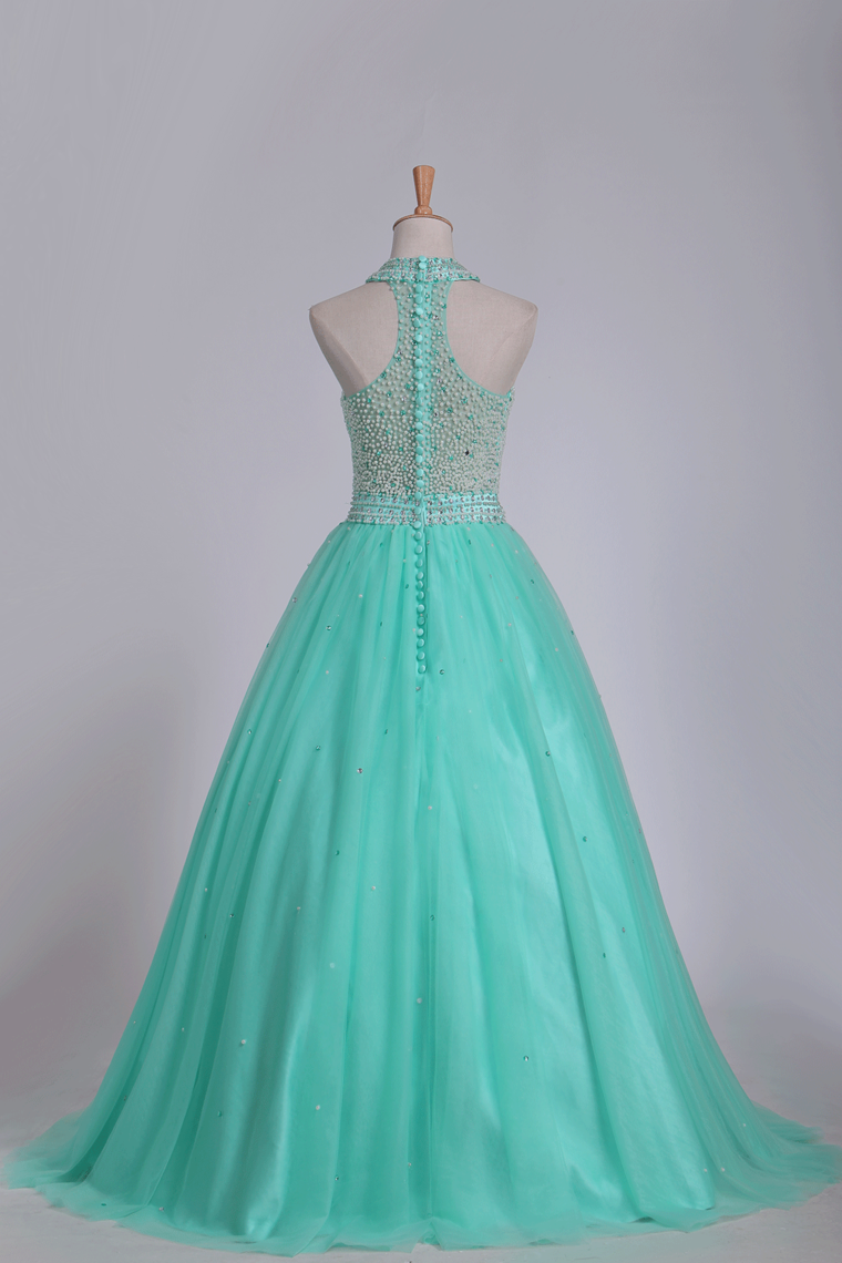 Mint Ball Gown High Neck Beaded Bodice Prom Dresses Tulle Floor Length