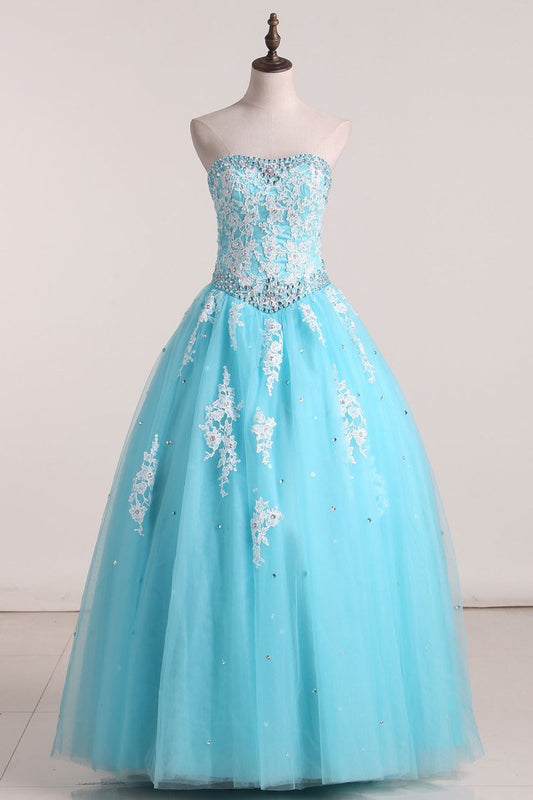 Strapless Quinceanera Dresses With Appliques Floor Length Tulle