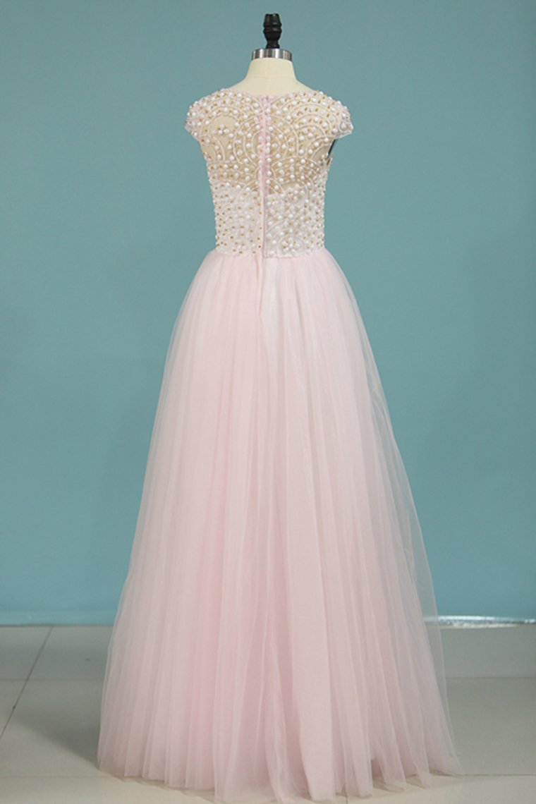 Scoop Prom Dresses A Line Tulle With Beading Floor Length