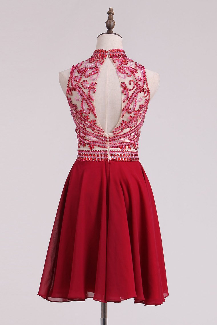 High Neck Homecoming Dresses A Line Chiffon With Beading