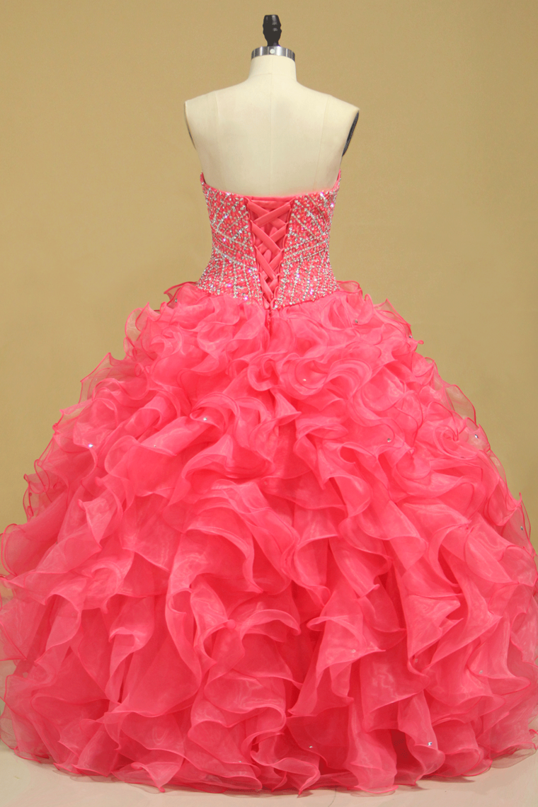 Beautiful Quinceanera Beaded Bodice Sweetheart Floor Length Ruffle Skirt Orange