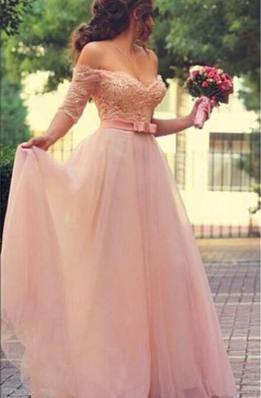 Off Shoulder Half Sleeves Pink Long Party Sweetheart Sash Bow Beads Pearls Prom Dresses WK720