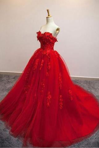 Red Ball Gown Tulle Strapless Generous Floral Fashion Quinceanera Prom Dresses WK548