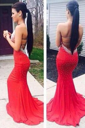 Red Halter Scoop Open Back Mermaid Sleeveless Sexy Backless Prom Dress Evening Dress BD108