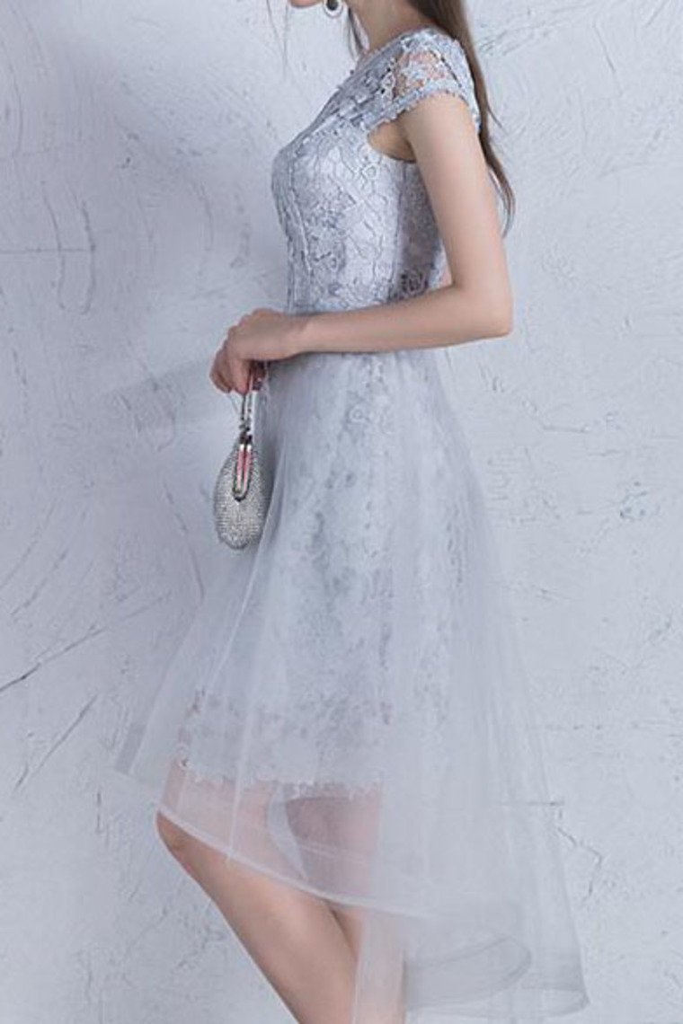 Lace & Tulle Scoop Cap Sleeves Sheath Above Knee Length Homecoming Dresses