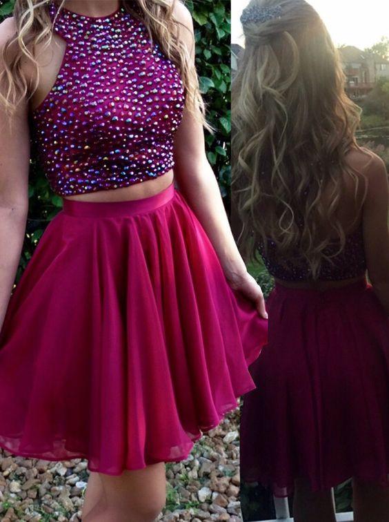 Hot Sale Two Piece Short Grape Chiffon Homecoming Dress with Beading WK444