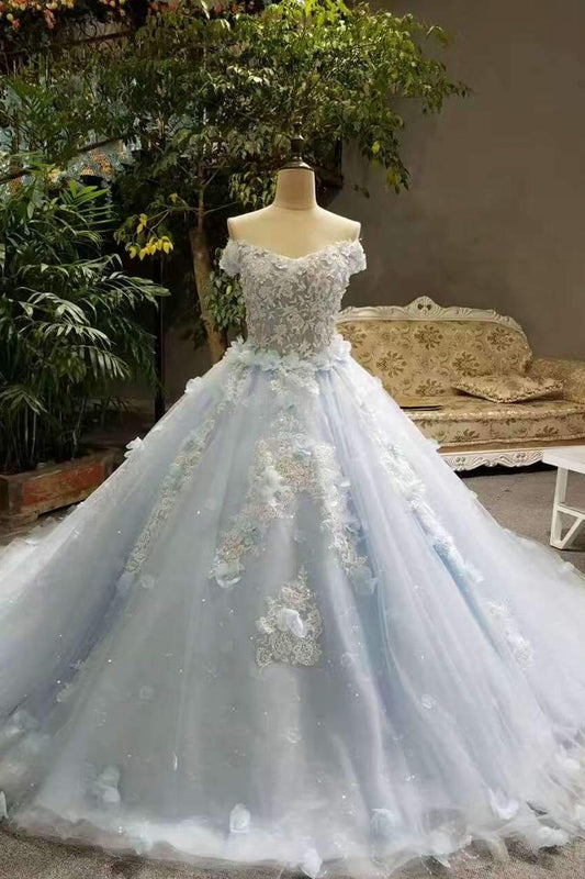 Tiffany Blue Wedding Dresses Tulle Lace Up With Appliques And Handmade Flowers Off The Shoulder