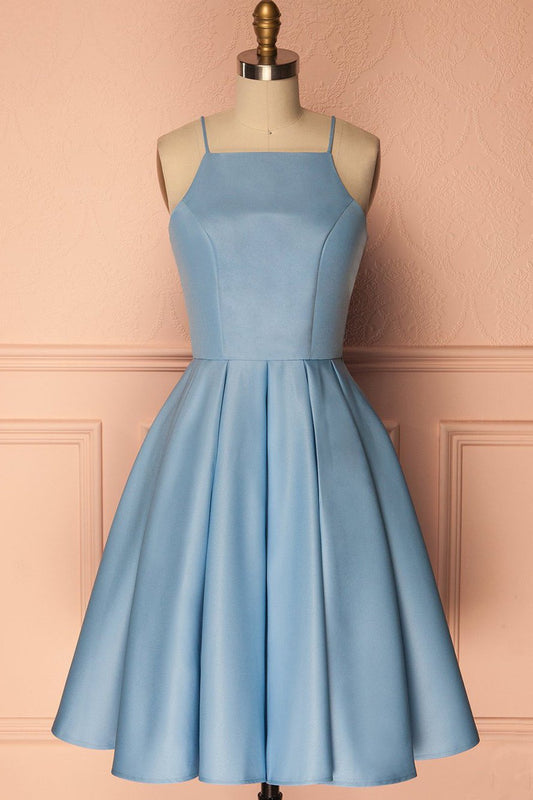 A Line Blue Halter Sleeveless Short Satin Knee Length Homecoming Dress WK601