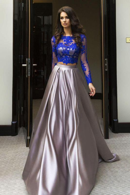 Elegant Blue Two Piece A-line Scoop Long Sleeve Elastic Satin Floor-Length Prom Dresses WK327