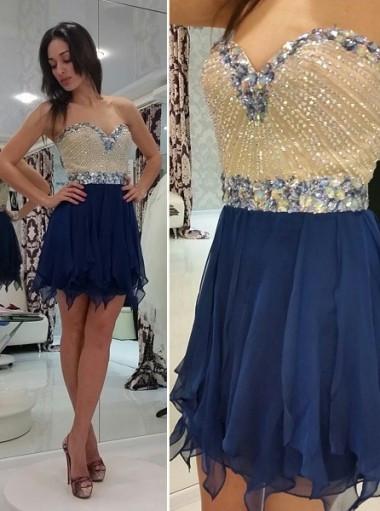 Hot-selling A-line Sweetheart Mini Sleeveless Chiffon Royal Blue Homecoming Dress with Beaded WK450