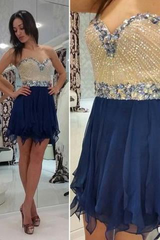 Hot-selling A-line Sweetheart Mini Sleeveless Chiffon Royal Blue Homecoming Dress with Beaded WK450