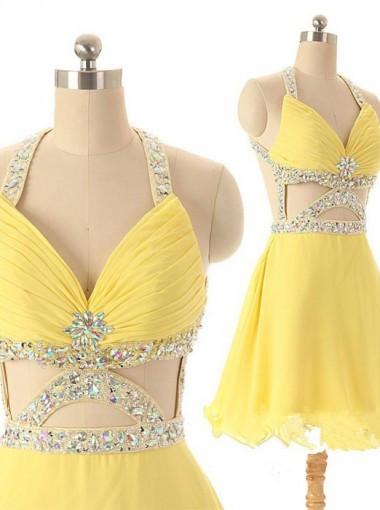 Dramatic A-line V-neck Short Chiffon Backless Daffodil Homecoming Dress with Rhinestone WK470