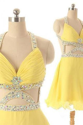 Dramatic A-line V-neck Short Chiffon Backless Daffodil Homecoming Dress with Rhinestone WK470