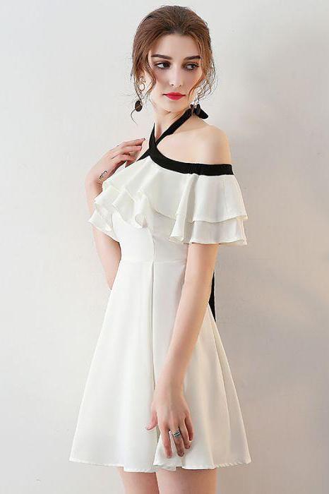 Chic Halter A Line Simple White Off the Shoulder Chiffon Cheap Short Homecoming Dress WK751