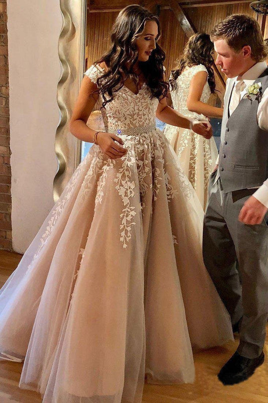 A Line Cheap Nude Quinceanera Dress Lace Appliques Cap Sleeve Beaded Prom Dresses WK238