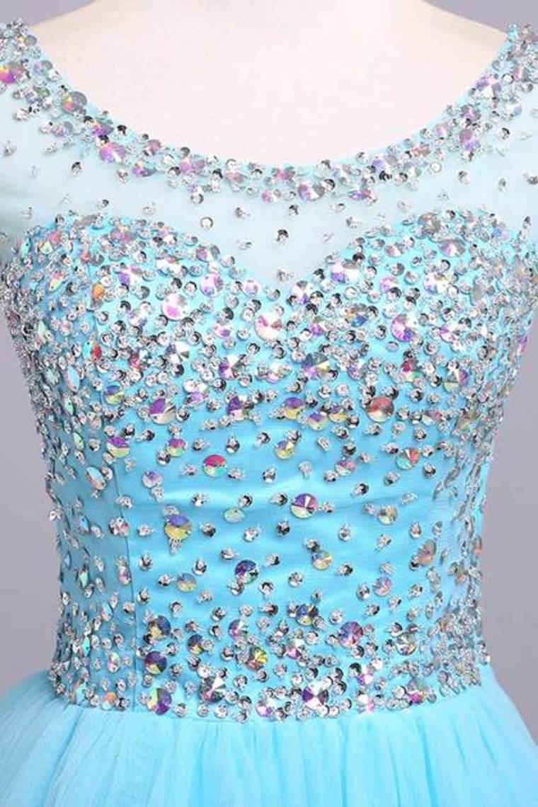 Bateau Beaded Bodice A Line/Princess Prom Dress With Tulle Skirt Open Back