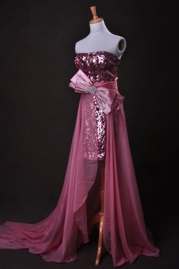 Pink  Sheath/Column Strapless Asymmetrical Chiffon Lace Cz