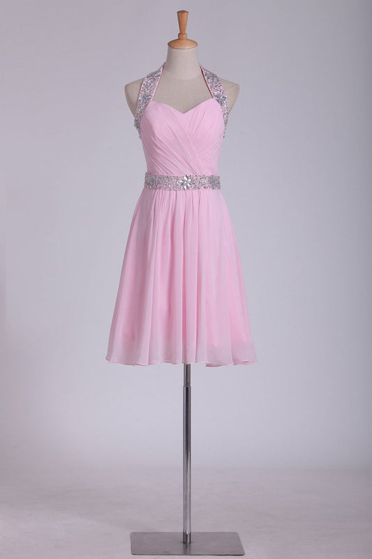 Short/Mini Halter Homecoming Dresses Chiffon With Beading A Line