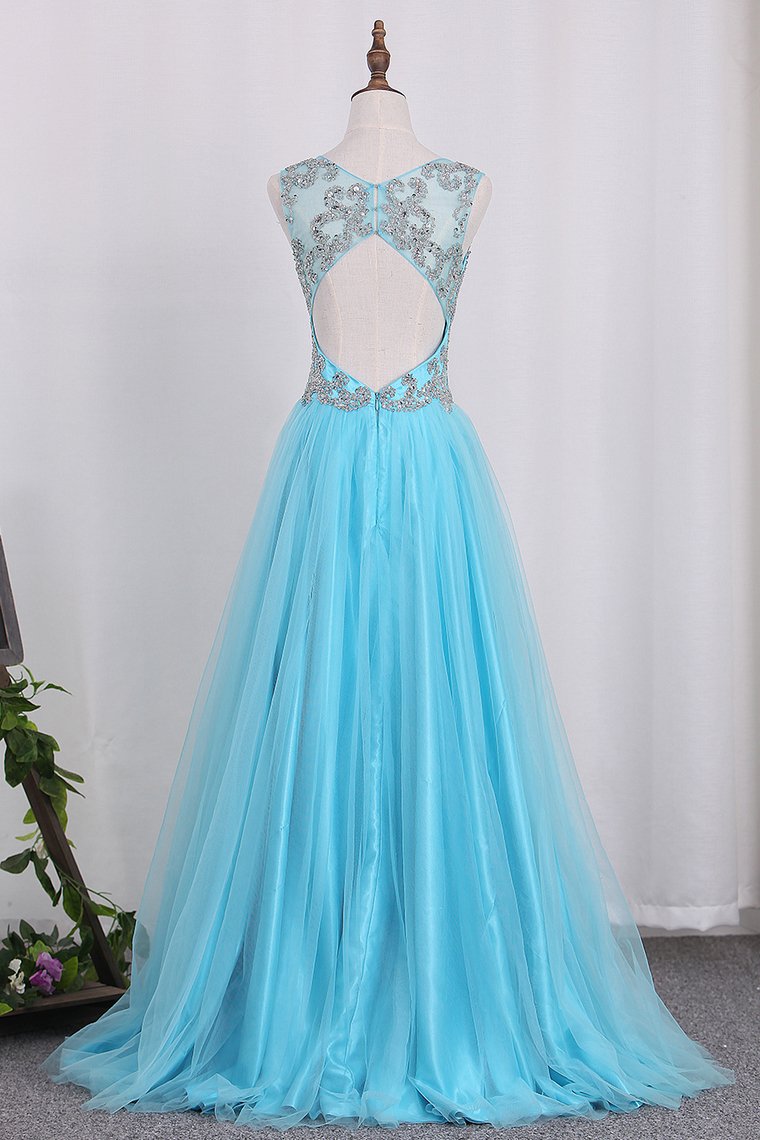 V Neck Open Back A Line With Beading Tulle Prom Dresses