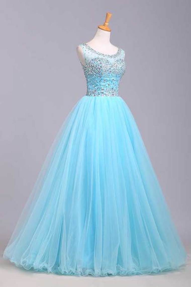 Bateau Beaded Bodice A Line/Princess Prom Dress With Tulle Skirt Open Back