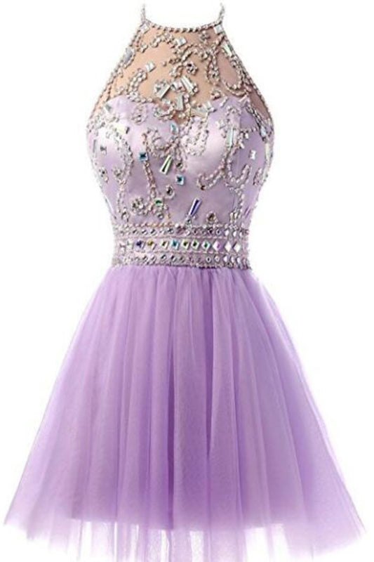 Homecoming Dresses Halter Tulle Beaded Bodice A Line Short/Mini