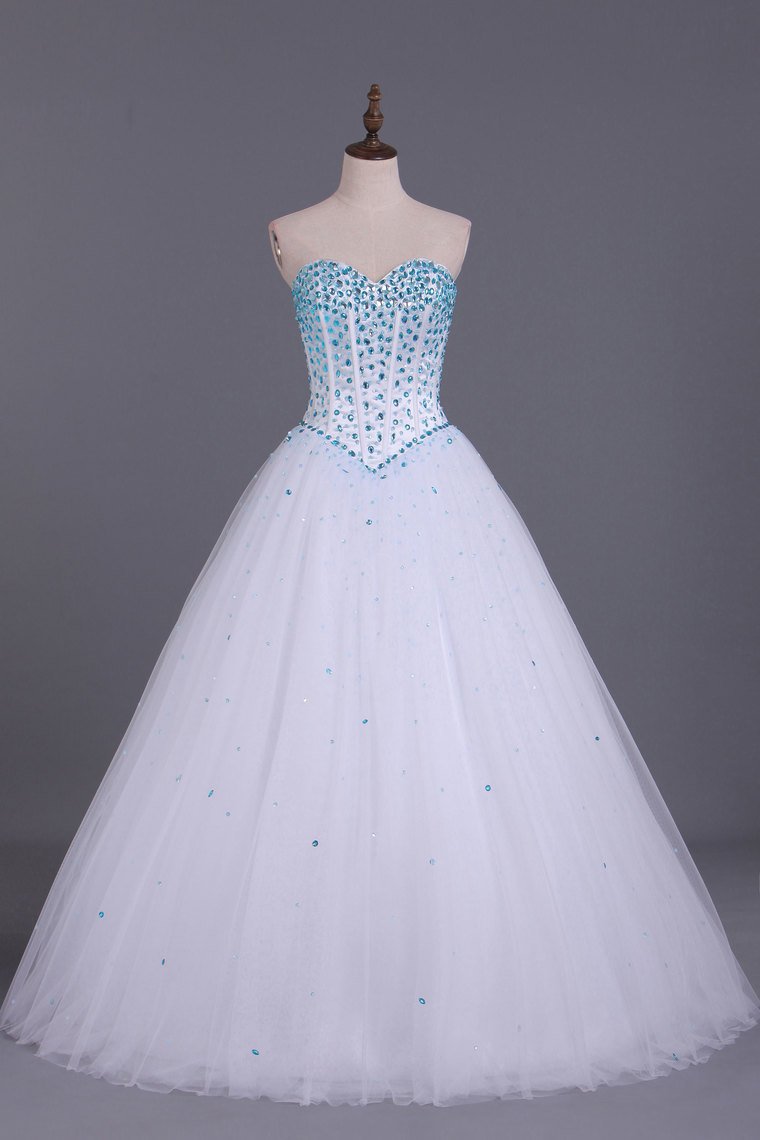 Sweetheart Prom Dresses A Line Floor Length Beaded Bodice With Tulle Skirt