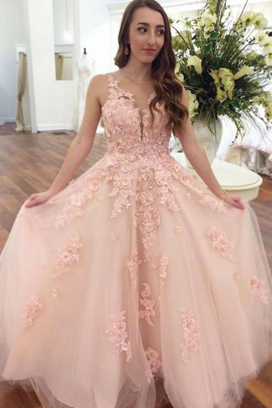 Elegant Ball Gown Prom Dresses With Appliques V Neck Floor Length